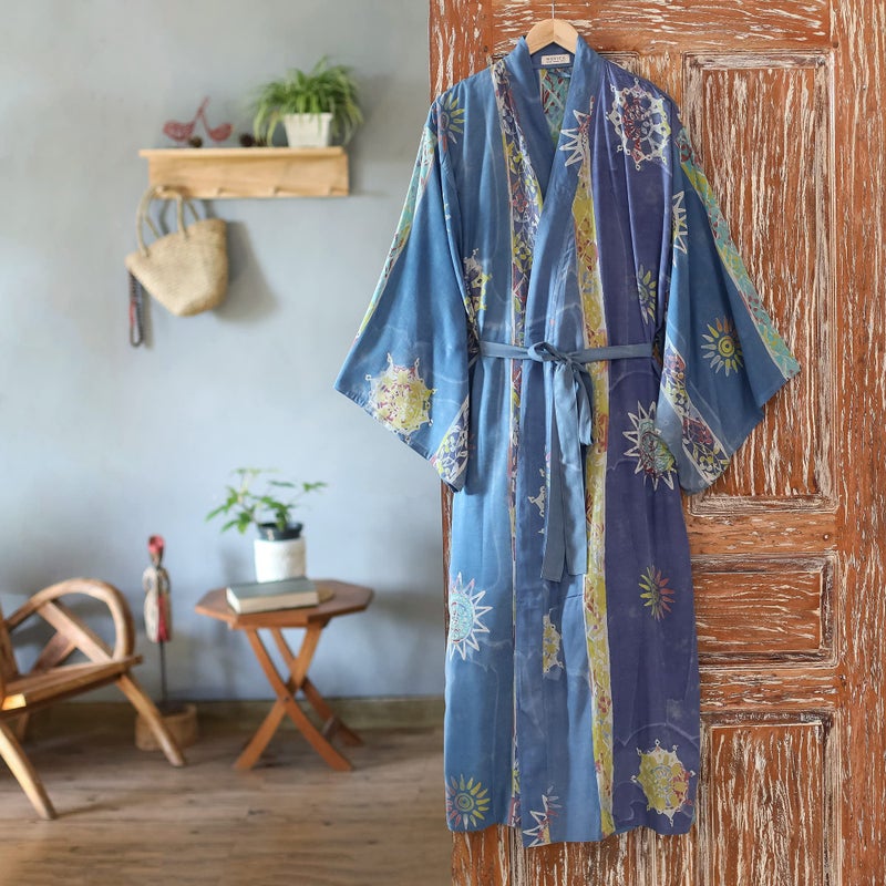 NOVICA Artisan Hand-Painted Long Kimono Patterned Robe with Pockets for Women Lightweight Loungewear from Indonesia ' Blue Baliku' - Image 3